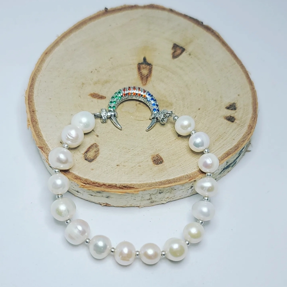 Freshwater Pearl Zirconia Stainless steel Moon charm bracelet